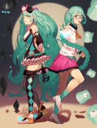Rule 34 | 2girls, absurdres, aqua hair, argyle, argyle clothes, argyle legwear, arm at side, arms behind back, asymmetrical legwear, back-to-back, bare shoulders, bless your breath (vocaloid), blue eyes, blurry, blurry background, braid, breasts, bug, butterfly, character doll, circle, clenched hand, detached sleeves, diamond (shape), doll, expressionless, facepaint, fingernails, full body, glasses, glowing, glowing butterfly, hat, hatsune miku, high heels, highres, holding, holding staff, insect, jewelry, loafers, long hair, long sleeves, looking at viewer, lufi ays, magical mirai (vocaloid), magical mirai miku, magical mirai miku (2019), mary janes, master (vocaloid), mini hat, mini top hat, mismatched legwear, multiple girls, number tattoo, open mouth, outstretched hand, pink skirt, pleated skirt, red-framed eyewear, ribbon, ring, semi-rimless eyewear, shadow, shirt, shoes, shoulder tattoo, single braid, skirt, sleeveless, small breasts, socks, spotlight, staff, standing, standing on one leg, striped clothes, striped legwear, striped thighhighs, tattoo, teeth, thighhighs, top hat, twitter username, upper teeth only, vertical-striped clothes, vertical-striped thighhighs, very long hair, vocaloid, wedge heels, white footwear, white shirt, zettai ryouiki