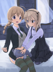 Rule 34 | 2girls, :t, ahoge, bandages, bed, black jacket, black legwear, black neckwear, black ribbon, black skirt, blazer, blue eyes, blush, boko (girls und panzer), bow, bowtie, braid, brown eyes, brown legwear, brown sweater, casual, closed mouth, collared shirt, commentary, creator connection, crossover, dress shirt, frown, girls und panzer, green legwear, green neckwear, hair ribbon, hair tie, hidarikata, high-waist skirt, highres, holding, holding stuffed toy, jacket, kneeling, layered skirt, light brown hair, long hair, long sleeves, looking at another, lynette bishop, medium skirt, multiple girls, necktie, no pants, on bed, open mouth, pantyhose, pout, ribbon, shimada arisu, shirt, single braid, sitting, skirt, strike witches, striped clothes, striped legwear, striped thighhighs, stuffed animal, stuffed toy, suspender skirt, suspenders, sweater, sweater vest, teddy bear, thighhighs, traditional bowtie, two side up, white shirt, window, wing collar, world witches series