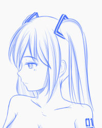 Rule 34 | 1girl, blue theme, breasts, hair ornament, hatsune miku, long hair, looking away, monochrome, nude, resolution mismatch, simple background, sketch, smile, solo, source larger, twintails, vocaloid