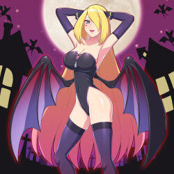 Rule 34 | 1girl, arms up, black gloves, black leotard, blonde hair, breasts, commentary request, covered navel, creatures (company), cynthia (pokemon), demon girl, demon wings, elbow gloves, full moon, game freak, gen 1 pokemon, gloves, hair over one eye, halloween, large breasts, leotard, long hair, looking at viewer, madoka (user zrnk8278), moon, night, night sky, nintendo, open mouth, partial commentary, pokemon, pokemon dppt, purple sky, sky, solo, thighhighs, very long hair, wings, zubat