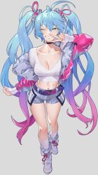Rule 34 | 1girl, belt, black choker, blue hair, breasts, ccinyo, choker, cleavage, colored eyelashes, commission, gloves, gradient hair, highres, long hair, long sleeves, looking at viewer, medium breasts, multicolored hair, original, pink hair, shorts, smile, solo, tagme, twintails, v, white gloves, white shorts
