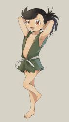 Rule 34 | 1girl, :d, armpits, arms behind head, barefoot, black hair, dororo (character), dororo (tezuka), feet, flat chest, full body, grey background, highres, japanese clothes, looking at viewer, navel, open mouth, plunging neckline, ponytail, red eyes, satsuyo, simple background, smile, solo, standing, standing on one leg, tareme, tomboy, torn clothes
