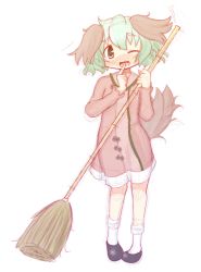 Rule 34 | 1girl, animal ears, aoki ume (style), bleeugee, blush, broom, dog ears, female focus, finger to mouth, green eyes, green hair, kasodani kyouko, matching hair/eyes, one eye closed, open mouth, shoes, short hair, simple background, sketch, socks, solo, tail, touhou, white background, wink