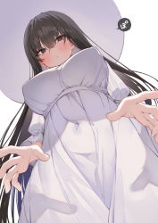 Rule 34 | 1girl, 2channel, black eyes, black hair, breasts, cleavage, covered erect nipples, dress, from below, hasshaku-sama, hat, highres, huge nipples, large areolae, large breasts, long hair, long sleeves, looking at viewer, looking down, paid reward available, pointy breasts, shin no tenpii, solo, sun hat, sundress, tall female, urban legend, white dress, white hat