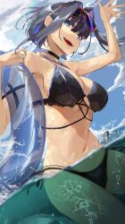 Rule 34 | 1girl, absurdres, bikini, black bikini, black choker, blue eyes, blue hair, blue innertube, blue sky, breasts, choker, cloud, commentary, eyewear on head, glasses, hair intakes, halterneck, highres, holding, holding swim ring, hololive, hololive english, innertube, large breasts, moyomo, navel, open mouth, ouro kronii, outdoors, partially submerged, partially underwater shot, short hair, side-tie bikini bottom, sky, solo, swim ring, swimsuit, teeth, underwater, upper teeth only, virtual youtuber, wading, water, waving, yellow-framed eyewear, zipper, zipper bikini, zipper pull tab