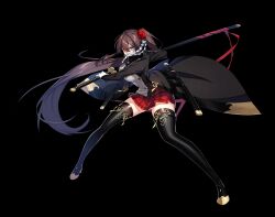 Rule 34 | absurdres, blue eyes, brown hair, brown vest, counter:side, fighting stance, full body, gloves, highres, holding, holding sword, holding weapon, jacket, long hair, looking at viewer, nanahara chifuyu, official art, ootachi, pleated skirt, skirt, sword, thighhighs, transparent background, vest, weapon