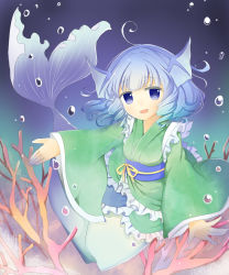 Rule 34 | 1girl, animal ears, bad id, bad pixiv id, blue eyes, blue hair, bubble, coral, drill hair, ellipsis (mitei), fins, head fins, highres, japanese clothes, kimono, long sleeves, looking at viewer, matching hair/eyes, mermaid, monster girl, obi, sash, short hair, smile, solo, touhou, underwater, wakasagihime, wide sleeves