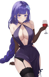 Rule 34 | 1girl, absurdres, alternate costume, bare shoulders, black garter belt, black gloves, black thighhighs, braid, breasts, center opening, cherng, criss-cross halter, cup, dress, drink, drinking glass, elbow gloves, flower, garter belt, genshin impact, gloves, hair flower, hair ornament, halter dress, halterneck, highres, lace, lace-trimmed legwear, lace trim, large breasts, looking at viewer, low-braided long hair, low-tied long hair, mole, mole under eye, purple dress, purple eyes, purple hair, raiden shogun, simple background, single braid, solo, thighhighs, white background, wine glass