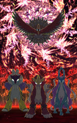 Rule 34 | blue eyes, colorful, commentary, commentary request, creatures (company), electricity, entei, fire, game freak, gen 2 pokemon, glowing, glowing eyes, highres, ho-oh, legendary pokemon, looking at viewer, multicolored background, nintendo, no humans, pokemon, pokemon (creature), raikou, sparkle, sparkle background, suicune, tagme, white eyes, yama neko 3