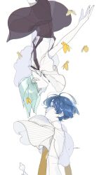 Rule 34 | 2others, androgynous, animal, aqua hair, artist name, blue hair, bowl cut, bug, butterfly, cowboy shot, dual persona, eye contact, floating clothes, floating hair, from side, gem uniform (houseki no kuni), golden arms, green eyes, green hair, highres, houseki no kuni, insect, looking at another, minmim, moon uniform (houseki no kuni), multiple others, other focus, phosphophyllite, phosphophyllite (ll), profile, sad, see-through silhouette, short hair, short sleeves, shorts, simple background, skort, smile, sparkle, spoilers, suspender shorts, suspenders, upper body, upside-down, weapon, white background, white eyes, wide sleeves, yellow butterfly