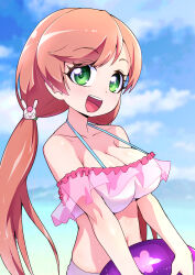 Rule 34 | 1girl, absurdres, ball, beachball, bikini, blue sky, breasts, cloud, cloudy sky, commentary, day, green eyes, hair ornament, halterneck, highres, hirogaru sky! precure, holding, holding ball, long hair, looking at viewer, low twintails, medium breasts, navel, nijigaoka mashiro, off-shoulder bikini, off shoulder, open mouth, outdoors, pink bikini, pink hair, precure, rabirin (precure), ryuuta (cure ryuuta), sky, smile, solo, standing, swimsuit, twintails