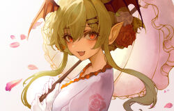 Rule 34 | 1girl, asaikeu, bat wings, blonde hair, blush, commentary, falling petals, fang, floral print, flower, frilled kimono, frilled umbrella, frills, gloves, granblue fantasy, hair between eyes, hair flower, hair ornament, hairclip, hands up, head wings, highres, holding, holding umbrella, japanese clothes, kimono, looking at viewer, open mouth, petals, pink umbrella, pointy ears, portrait, print kimono, red eyes, red flower, red rose, red wings, rose, short hair with long locks, smile, solo, umbrella, vampire, vampy, vampy (yukata) (granblue fantasy), white background, white gloves, white kimono, wings, yukata