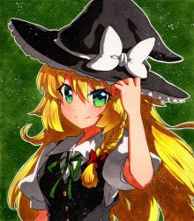 Rule 34 | 1girl, bad id, bad pixiv id, black dress, black hat, blonde hair, bow, braid, breasts, closed mouth, collar, dress, eyes visible through hair, green background, green bow, green eyes, green neckwear, hair between eyes, hair bow, hand on headwear, hand up, hat, hat bow, kirisame marisa, long hair, looking at viewer, medium breasts, puffy short sleeves, puffy sleeves, qqqrinkappp, red bow, shikishi, short sleeves, smile, solo, touhou, traditional media, white bow, white collar, white sleeves, witch hat