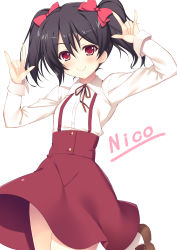 Rule 34 | 10s, 1girl, \m/, absurdres, black hair, blush, bow, double \m/, dress, dress shirt, highres, loafers, love live!, love live! school idol project, raiou, red eyes, shirt, shoes, simple background, skirt, smile, solo, suspender skirt, suspenders, twintails, yazawa nico