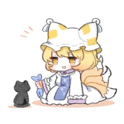 Rule 34 | 1girl, black cat, blonde hair, cat, chibi, commentary request, dress, fish, fox tail, highres, holding, kurotaro, long sleeves, multiple tails, notice lines, open mouth, simple background, smile, tabard, tail, tassel, touhou, white background, white dress, white headwear, yakumo ran, yellow eyes
