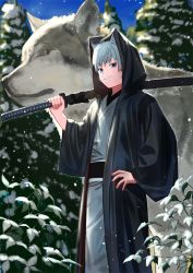 Rule 34 | 1boy, 2018, blue eyes, chinese zodiac, cloak, commentary request, day, fingernails, grass, hand on own hip, holding, holding sword, holding weapon, hood, hood up, japanese clothes, looking at viewer, male focus, original, outdoors, over shoulder, pine tree, sash, scabbard, sheath, silver hair, smile, snow, snowing, solo, standing, sword, tree, wasabi60, weapon, weapon over shoulder, wolf, year of the dog