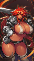 Rule 34 | 1girl, absurdres, alternate hairstyle, arm armor, armor, bikini armor, blush, breasts, cleavage, cowboy shot, curvy, dark-skinned female, dark skin, gurimjang, highres, holding, holding weapon, huge breasts, lipstick, long hair, looking at viewer, makeup, messy hair, original, red-haired warrior (gurimjang), red hair, revealing clothes, shoulder armor, solo, sword, tan, thick thighs, thighhighs, thighs, warrior, weapon, wide hips, yellow eyes