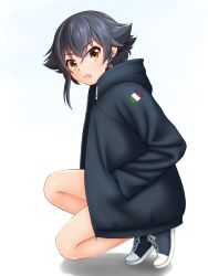 Rule 34 | 1girl, :o, black footwear, black hair, black jacket, braid, brown eyes, commentary request, cross-laced footwear, drawstring, from side, full body, girls und panzer, hands in pockets, head tilt, highres, hood, hooded jacket, hoodie, italian flag, jacket, looking at viewer, open mouth, partial commentary, pepperoni (girls und panzer), ruka (piyopiyopu), shadow, shoes, short hair, side braid, sneakers, solo, standing, white background