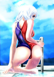 Rule 34 | 1girl, ass, blue eyes, casual one-piece swimsuit, dearmybrothers, female focus, horohoro, long hair, looking back, one-piece swimsuit, pool, silver hair, solo, swimsuit, touhou, wet, yagokoro eirin