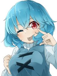 Rule 34 | 1girl, ;p, blue hair, breasts, closed mouth, commentary, cross-laced clothes, crossed bangs, highres, large breasts, long sleeves, looking at viewer, one eye closed, red eyes, short hair, simple background, smile, solo, tatara kogasa, tongue, tongue out, touhou, tyouseki, upper body, white background