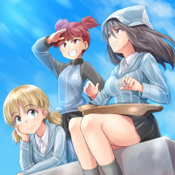 Rule 34 | 3girls, absurdres, aki (girls und panzer), black skirt, blue headwear, blue jacket, blue pants, blue shirt, blue sky, blunt bangs, brown eyes, brown hair, closed mouth, commentary, day, dress shirt, emblem, girls und panzer, green eyes, grey legwear, grey skirt, grin, hair tie, hat, head rest, highres, holding, holding instrument, instrument, jacket, kantele, keizoku military uniform, keizoku school uniform, kitayama miuki, light brown hair, long hair, long sleeves, looking at viewer, looking to the side, lying, mika (girls und panzer), mikko (girls und panzer), military, military uniform, miniskirt, multiple girls, music, on stomach, open mouth, outdoors, pants, pants under skirt, playing instrument, pleated skirt, raglan sleeves, red eyes, red hair, school uniform, shading eyes, shirt, short hair, short twintails, sitting, skirt, sky, smile, socks, standing, striped clothes, striped shirt, track jacket, track pants, tulip hat, twintails, uniform, vertical-striped clothes, vertical-striped shirt, white shirt, wind, wing collar, zipper