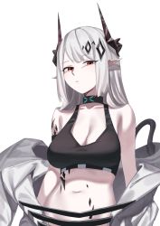 Rule 34 | 1girl, absurdres, arknights, bare shoulders, breasts, cleavage, commentary, crop top, highres, horns, large breasts, long hair, looking at viewer, material growth, midriff, mudrock (arknights), mudrock (elite ii) (arknights), navel, off shoulder, oripathy lesion (arknights), pointy ears, red eyes, siguya, silver hair, simple background, solo, sports bra, stomach, upper body, white background