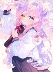 Rule 34 | 1girl, ahoge, animal ear fluff, animal ears, arm up, black sailor collar, black skirt, blue eyes, blush, bow, cherry blossoms, closed mouth, commission, cowboy shot, diploma, flower, hair ornament, heterochromia, highres, holding, komomo (2899), long hair, long sleeves, looking at viewer, original, petals, pink flower, pink hair, pleated skirt, puffy long sleeves, puffy sleeves, sailor collar, school uniform, serafuku, shirt, signature, skeb commission, skirt, smile, solo, two side up, very long hair, white shirt