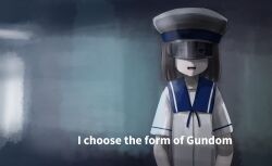 Rule 34 | 1girl, blue sailor collar, brown hair, collarbone, daitou (kancolle), english text, engrish text, grey hair, hat, head-mounted display, hitokoe, kantai collection, name connection, open mouth, parody, ranguage, ready player one, sailor, sailor collar, sailor hat, short hair, short sleeves, solo, straight-on, teeth, upper body, upper teeth only, white hat