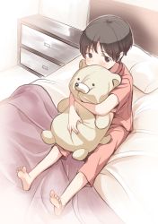 Rule 34 | 1girl, bed, black hair, blush, brown eyes, brown pajamas, brown pants, brown shirt, chest of drawers, commentary request, covered mouth, highres, indoors, looking at viewer, hugging object, on bed, original, pajamas, pants, piko (pixiv), pillow, shirt, short sleeves, sitting, solo, stuffed animal, stuffed toy, teddy bear