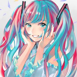 Rule 34 | 1girl, absurdres, blue eyes, blue hair, blue nails, confetti, hair ornament, hands up, hatsune miku, highres, huge filesize, long hair, looking at viewer, multicolored hair, nail polish, pink hair, richard-kun, simple background, smile, solo, twintails, upper body, vocaloid