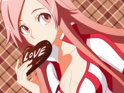 Rule 34 | 00s, 1girl, artist request, blush, breasts, chocolate, cleavage, collarbone, dragonaut, dutch angle, female focus, food, heart, highres, holding, long hair, looking at viewer, pink eyes, pink hair, plaid, plaid background, shadow, smile, solo, toa (dragonaut), uniform, upper body, valentine, wallpaper