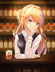 Rule 34 | 1girl, alcohol, arm rest, bad id, bad pixiv id, bartender, black vest, blonde hair, blush, bottle, braid, breasts, buttons, closed mouth, collared shirt, counter, cup, cup6542, dress shirt, drink, drinking glass, french braid, hand up, head rest, head tilt, highres, indoors, light particles, long hair, looking at viewer, medium breasts, one side up, original, purple eyes, shirt, smile, solo, vest, white shirt, wine, wine bottle