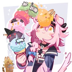 Rule 34 | 2girls, animal ears, arknights, blush stickers, braid, cat ears, cat tail, food, goldenglow (arknights), hairband, hat, hc2002, highres, holding food, holding ice cream, ice cream, ice cream cone, ice cream cone spill, multiple girls, pink hair, quercus (arknights), side braid, sweat, tail, witch hat, yellow eyes