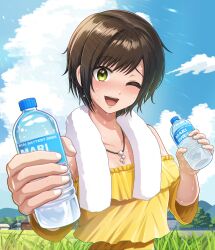 Rule 34 | 1girl, absurdres, bare shoulders, blue sky, blush, bottle, brown hair, building, cloud, collarbone, day, dripping, field, grass, green eyes, highres, holding, house, jewelry, kashiko mari, kyamuu, looking at viewer, mountain, mountainous horizon, necklace, one eye closed, open mouth, outdoors, outstretched arm, re:act, shirt, short hair, short sleeves, sky, smile, solo, summer, sunlight, sweat, towel, towel around neck, upper body, very sweaty, virtual youtuber, water bottle, yellow shirt