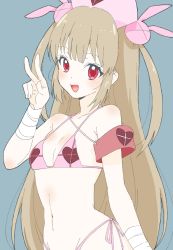 Rule 34 | 1girl, absurdres, armband, bad id, bad twitter id, bandages, bikini, blush, commentary, donguri suzume, fang, hair ornament, hat, heart, highres, light brown hair, long hair, looking at viewer, natori sana, navel, nurse cap, open mouth, pink hat, rabbit hair ornament, red eyes, sana channel, solo, swimsuit, two side up, v, very long hair, virtual youtuber