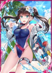 Rule 34 | 1girl, beach, blue flower, blue one-piece swimsuit, blue sky, blush, breasts, brown hair, card (medium), cleavage, cloud, collarbone, competition swimsuit, covered navel, cowboy shot, day, floating hair, flower, gluteal fold, green eyes, green jacket, groin, hair flower, hair ornament, hakuda tofu, hand up, highleg, highleg swimsuit, holding, holding water gun, impossible clothes, impossible swimsuit, innertube, jacket, large breasts, long hair, long legs, long sleeves, looking at viewer, multicolored clothes, multicolored jacket, multicolored swimsuit, ocean, off-shoulder jacket, off shoulder, official art, one-piece swimsuit, open clothes, open jacket, open mouth, outdoors, palm tree, pink one-piece swimsuit, rainbow, red one-piece swimsuit, shinkai no valkyrie, single bare shoulder, skindentation, sky, solo, standing, swim ring, swimsuit, thigh strap, tree, twintails, water, water drop, water gun, white jacket, yellow flower
