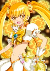 Rule 34 | 10s, 1girl, :3, :d, bad id, bad pixiv id, blonde hair, blush, bow, chypre (heartcatch precure!), creature, cure sunshine, dress, earrings, flower, hair flower, hair ornament, hair ribbon, happy, heart, heartcatch precure!, instrument, jewelry, long hair, magical girl, midriff, myoudouin itsuki, navel, nuridoa3, open mouth, potpourri (heartcatch precure!), precure, ribbon, smile, solo, tambourine, twintails, wrist cuffs, yellow eyes