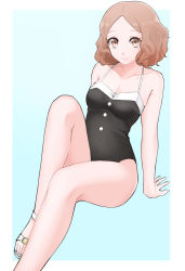 Rule 34 | 1girl, arm support, bad id, bad pixiv id, black one-piece swimsuit, blue background, breasts, brown eyes, brown hair, casual one-piece swimsuit, cleavage, closed mouth, collarbone, halterneck, highres, medium hair, okumura haru, one-piece swimsuit, outside border, parted bangs, persona, persona 5, persona 5 scramble: the phantom strikers, reneph, simple background, sitting, small breasts, smile, solo, swimsuit