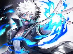 Rule 34 | 1boy, arm up, black background, black coat, blue eyes, blue fire, boku no hero academia, burn scar, coat, collared coat, commentary, dabi (boku no hero academia), fire, glowing, glowing eyes, hair between eyes, highres, lapels, looking at viewer, male focus, mecyo (mamezurushiki), open clothes, open coat, open mouth, outstretched arm, patchwork skin, popped collar, pyrokinesis, round teeth, scar, shirt, short hair, short sleeves, simple background, smile, solo, spiked hair, stitched face, stitches, symbol-only commentary, teeth, tongue, upper body, white background, white hair, white shirt