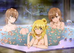 Rule 34 | 3girls, ;), absurdres, bath, bathing, bathtub, blonde hair, breast envy, breasts, brown hair, building, city, cleavage, closed mouth, collarbone, completely nude, covering breasts, covering privates, cropped, embarrassed, female focus, twirling hair, head tilt, highres, hiyamizu yukie, indoors, j.c. staff, long hair, looking at viewer, magazine (source), magazine scan, medium breasts, medium hair, misaka imouto, misaka mikoto, multiple girls, non-web source, nude, official art, one eye closed, partially submerged, petals, petals on liquid, same-sex bathing, scan, shared bathing, shiny skin, shokuhou misaki, short hair, siblings, sisters, sitting, sky, small breasts, smile, star-shaped pupils, star (sky), star (symbol), starry sky, symbol-shaped pupils, third-party edit, toaru kagaku no railgun, toaru majutsu no index, wet, wet hair, wind turbine, windmill