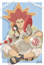 Rule 34 | 1boy, alder (pokemon), arm hair, black footwear, border, capri pants, closed eyes, commentary request, creatures (company), escavalier, facial hair, game freak, gen 5 pokemon, highres, holding, holding pokemon, jewelry, leg hair, long hair, male focus, multicolored hair, necklace, nintendo, on lap, orange hair, outline, outside border, pants, parted lips, poke ball, pokemon, pokemon (creature), pokemon bw, pokemon on lap, poncho, popped collar, red hair, sandals, sanwari (aruji yume), sitting, smile, spiked hair, torn clothes, torn pants, two-tone hair, white border, white pants