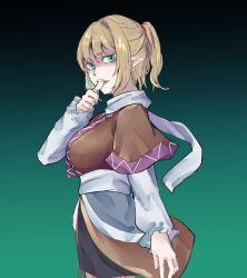 Rule 34 | 1girl, black background, blonde hair, commentary, gradient background, green background, green eyes, hair intakes, half updo, highres, kanaria (bocmn), long sleeves, looking at viewer, mizuhashi parsee, multicolored clothes, pointy ears, scarf, short hair, solo, touhou, white scarf