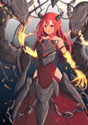 Rule 34 | 1girl, absurdres, armor, armored dress, chain, chest armor, clothing cutout, demon girl, demon horns, dress, duel monster, flaming hand, highres, horns, long hair, looking at viewer, promethean princess bestower of flames, red dress, red eyes, red hair, shakepuri purin, solo, standing, strapless, strapless dress, thigh cutout, yu-gi-oh!