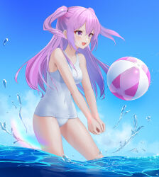 Rule 34 | 1girl, :d, ball, bare arms, bare shoulders, beachball, blue sky, breasts, cloud, covered navel, day, feet out of frame, floating hair, hair between eyes, highres, long hair, looking ahead, medium breasts, one-piece swimsuit, open mouth, original, outdoors, own hands together, pink eyes, pink hair, playing sports, rainbow, school swimsuit, sky, smile, solo, splashing, standing, swimsuit, syatihoko123, teeth, two side up, upper teeth only, wading, water, white one-piece swimsuit, white school swimsuit