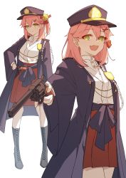 Rule 34 | 1girl, absurdres, bell, closed mouth, green eyes, gun, hair ribbon, hand on own hip, handgun, hat, highres, holding, holding gun, holding weapon, hololive, japanese clothes, jingle bell, jl tan, open mouth, pink hair, pleated skirt, police, police badge, police uniform, red skirt, revolver, ribbon, sakura miko, skirt, smile, solo, standing, teeth, uniform, upper teeth only, virtual youtuber, weapon, white background