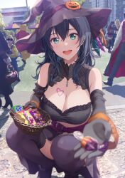 Rule 34 | 1girl, aqua eyes, arm belt, belt, black headwear, blurry, blurry foreground, blush, breasts, candy, cleavage, elbow gloves, food, giving, gloves, hair between eyes, hat, highres, holding, holding candy, holding food, incoming food, kenzen kanojo uruka-chan, large breasts, long hair, looking at viewer, open mouth, original, purple belt, purple thighhighs, shamakho, squatting, teeth, thighhighs, upper teeth only, uruka (kenzen kanojo uruka-chan), witch hat