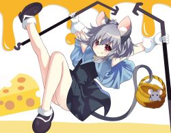 Rule 34 | 1girl, aika4472, animal ears, ass, black dress, cheese, dress, excited, food, gloves, grey hair, mouse (animal), mouse ears, mouse girl, mouse tail, nazrin, red eyes, solo, tail, thighs, touhou, white background, white gloves