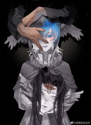 Rule 34 | 1girl, bird wings, black background, black hair, blank eyes, blue eyes, capelet, chinese commentary, collared dress, colored eyelashes, colored skin, commentary request, covering another&#039;s eye, cowboy shot, crying, crying with eyes open, dress, drop shadow, empty eyes, feathered wings, final fantasy, final fantasy xiv, grey capelet, grey hair, hair between eyes, hands on another&#039;s head, head wings, hermes (ff14), highres, holding head, hood, hood down, hooded capelet, long sleeves, looking at viewer, medium hair, meteion, multicolored hair, multiple wings, one eye covered, out of frame, parted lips, sad, severed head, simple background, standing, tears, the endsinger, two-tone hair, weibo logo, weibo watermark, white dress, white skin, wings, xiaoji peihe zhiliao