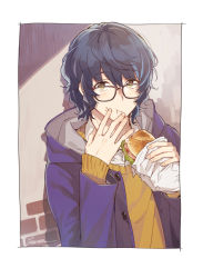 Rule 34 | 10s, 1boy, :t, aoba tsumugi, artist name, black-framed eyewear, blue hair, booota, brown eyes, closed mouth, coat, eating, ensemble stars!, food, food on face, glasses, hands up, holding, holding food, looking at viewer, male focus, open clothes, open coat, sandwich, signature, solo, sweater, upper body, wavy hair