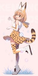 Rule 34 | 1girl, animal ears, bad id, bad twitter id, bare shoulders, black bow, blonde hair, blush, bow, bowtie, breasts, commentary, copyright name, dot nose, elbow gloves, from side, gloves, hair between eyes, highres, kemono friends, leg up, looking at viewer, medium breasts, multicolored clothes, multicolored gloves, multicolored legwear, multicolored skirt, open mouth, serval, serval (kemono friends), serval print, serval tail, shirakino, shirt, shoes, short hair, skirt, sleeveless, sleeveless shirt, solo, standing, tail, thighhighs, white footwear
